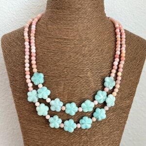 Jay King Pink Opal / Amazonite and Sterling Silver Floral Design Necklace